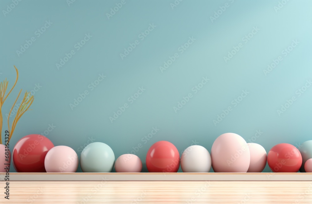 easter eggs and frame surrounded on a blue table, easter eggs and frame surrounded on a blue table,