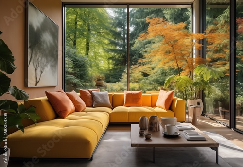 Minimalist modern yellow sofa with orange and white throw pillows. Wooden table for coffee and tea on rug. Sunlight coming through window.