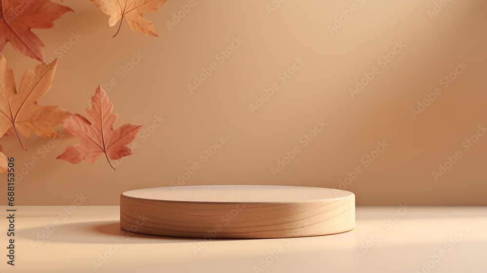 Autumn product promotion: hardwood display for beauty products with a 3D backdrop of genuine dry autumn leaf shadow beige.