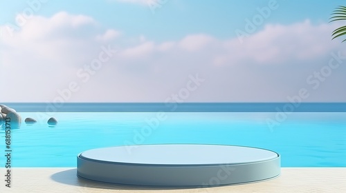 Round platform in 3D rendered on sand and water with glass wall panels. Simple landscape mockup for blue product showcase banner. © Suleyman