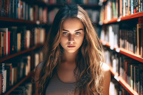 Lover of books. A pretty girl with many books.