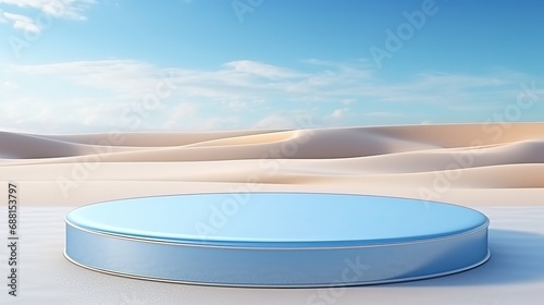 Round platform in 3D rendered on sand and water with glass wall panels. Simple landscape mockup for blue product showcase banner.
