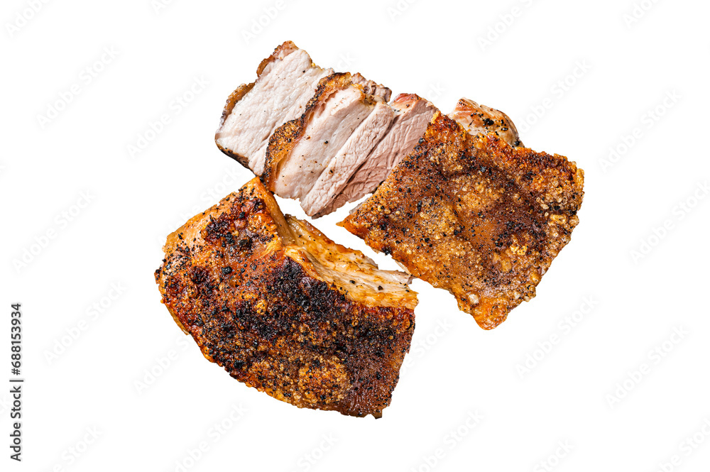 Roasted Pork belly bacon with crust on a wooden board.  Transparent background. Isolated.