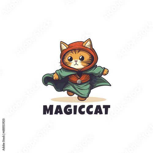 the cat wears a magician outfit mascot logo design template vector icon illustration. cat magician symbol