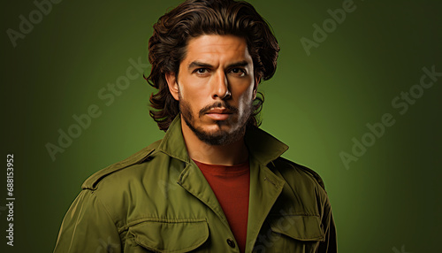 Portrait of strong man with olive green military jacket. Isolated over green background. 