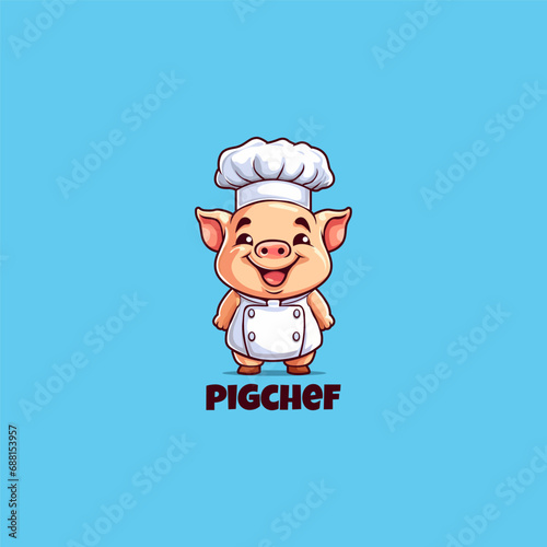 Happy Pig Chef mascot logo design template vector icon illustration. Cute Pig Chef symbol