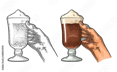 Hand holding a glass of Latte macchiato coffee with whipped cream. Hand drawn sketch style. Vintage color vector engraving illustration for label, web, flayer. Isolated on white background