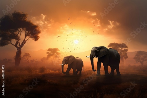 Elephants walking savannah. Two silhouettes large animals passing wasteland. Generate AI