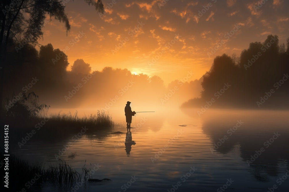 Dark silhouette fishing. Adult human stands lake and fishes orange dawn. Generate AI