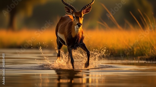 In Zambia's Bangweulu Wetlands, a black lechwe leads the way across a water channel. photo