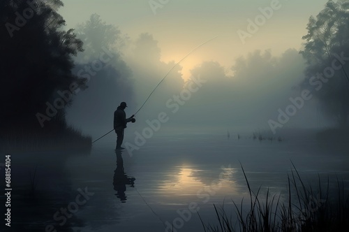 Fishing man dawn. Dark silhouette human with fishing rod clean river. Generate AI
