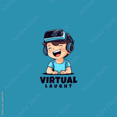 Man Head with Virtual Reality glasses helmet mascot logo design template vector icon illustration. Virtual gaming boy using vr symbol