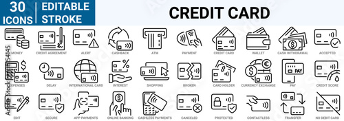 set of 33 line web icons Credit card. Piggy Bank, Cash, Money Bag, Currency Exchange, Coins and Paper Bills and others. Editable stroke.