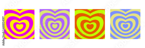 Set of Psychedelic retro neon tunnel in the shape of a heart. Hypnotic rainbow romantic background 70s square banner