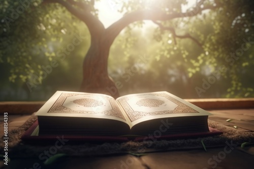 Holy Quran open. Religious and monastic book lies wooden table forest. Generate AI