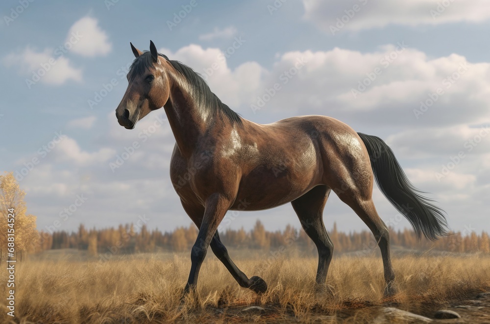 Large american horse. Noble and strong young equine gallops big field. Generate AI Large american horse. Noble and strong young equine gallops big field. Generate AI