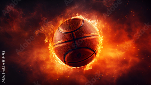 background for inspirational phrases ,Basketball orange court ball sports game,Flying basket ball in burning flames close up on dark brown background.Generative AI © Samra