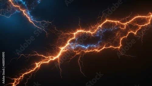 lightning in the night sky A blue and orange lightning bolt with a fractal shape on a black background 