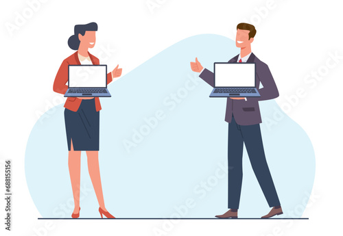 Businessmen man and woman holding laptop and showing thumbs up. Office workers in suits standing, approval gesture. Online working, people using pc. Cartoon flat isolated vector concept