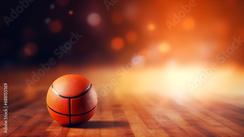 Basketball game sport arena stadium court on spotlight with basket ball on floor. copy space,Basketball in Action,Close up basketball on wooden court floor with blurred  arena in background. © Samra