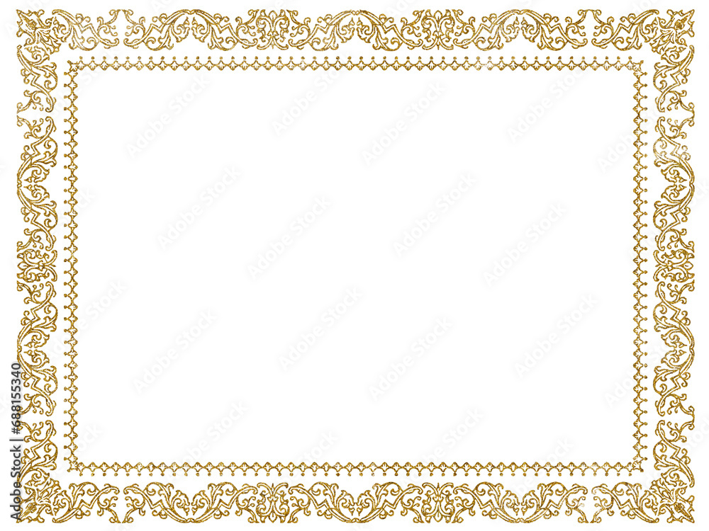 Ornamental golden frame design with baroque decoration and golden glitter effect on transparent background