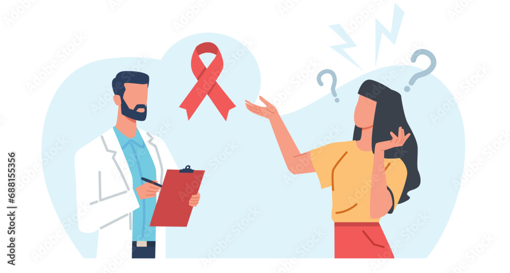 Doctor informs woman that she has breast cancer. Examination and consultation in clinic. Pink ribbon. Oncology diagnosis prevention. Cartoon flat illustration. Vector health care concept