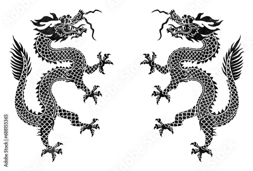 Symmetrical Chinese dragon stencil illustrations in black ink isolated on transparent background. Lunar New Year 2024. Year of the Dragon