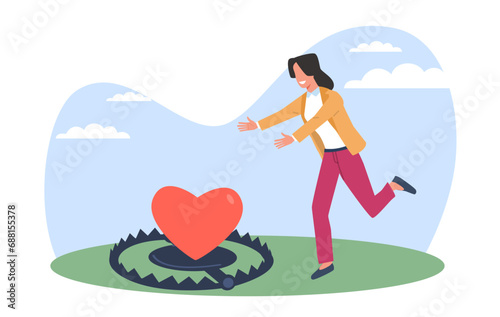 Girl runs into trap that uses heart as bait. Love and romance victim. Dangerous risky relationships. Happy young woman running to capture. Cartoon flat isolated illustration. Vector concept