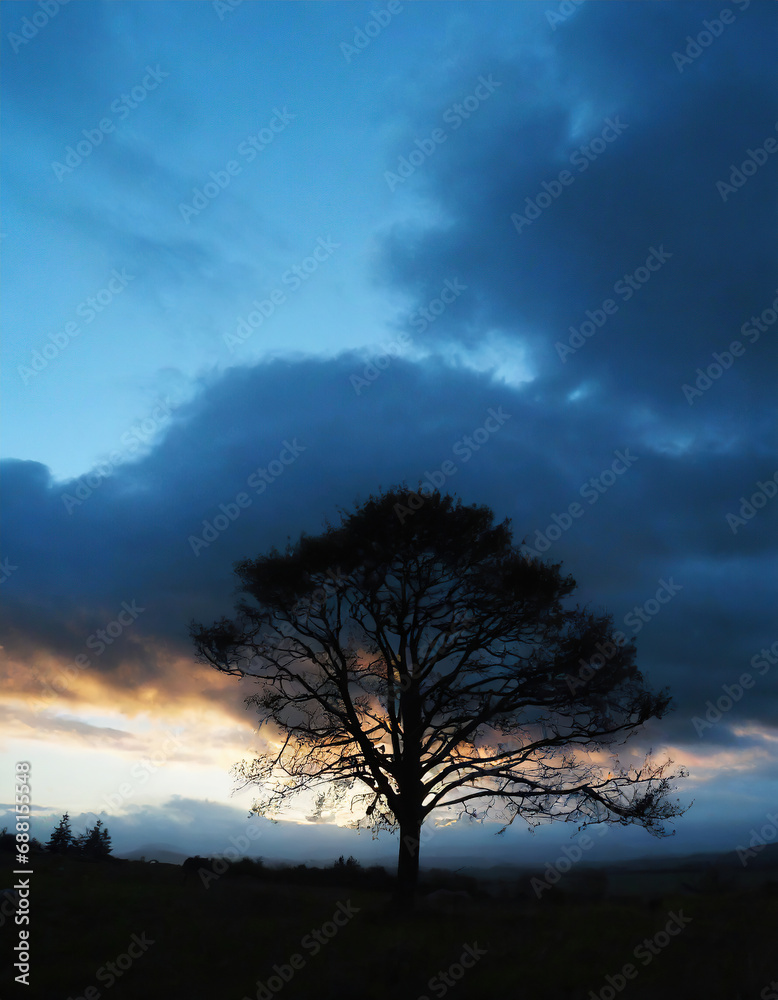Tree silhouetted and dramatic dark blue clouds Tree silhouetted and dramatic dark blue clouds