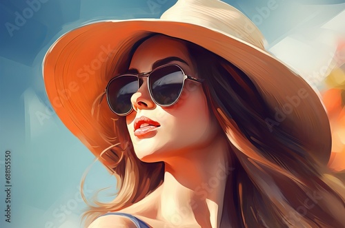 Woman wearing summer hat and sunglasses. Lady with summer fashion vacation accessories. Generate ai