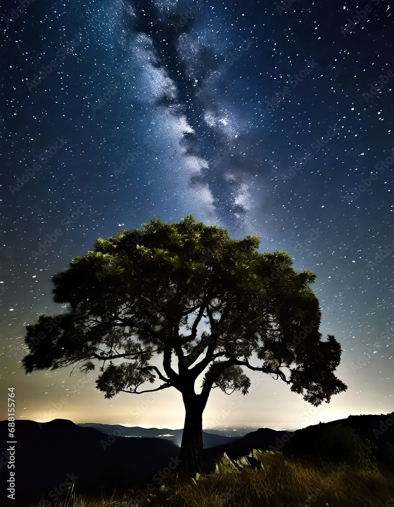 Tree silhouetted against a starry night sky Tree silhouetted against a starry night sky