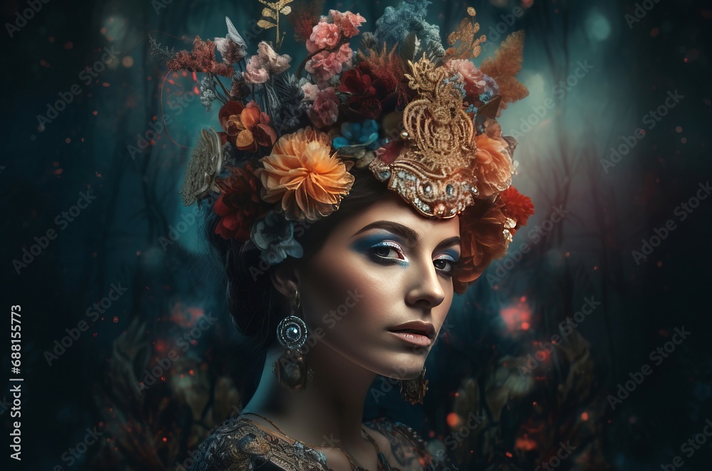Woman wearing majestic flowers crown. Royal floral coiffure on feminine model. Generate ai