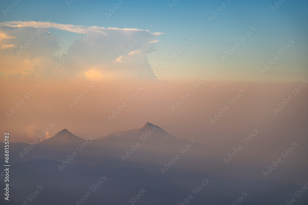 Dramatic and picturesque mountain landscape. Sunrise from Jabal Mareer. The Sarawat Mountains, Saudi Arabia.