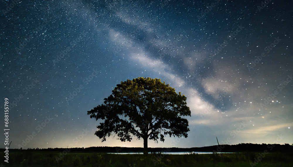 Tree silhouetted against a starry night sky