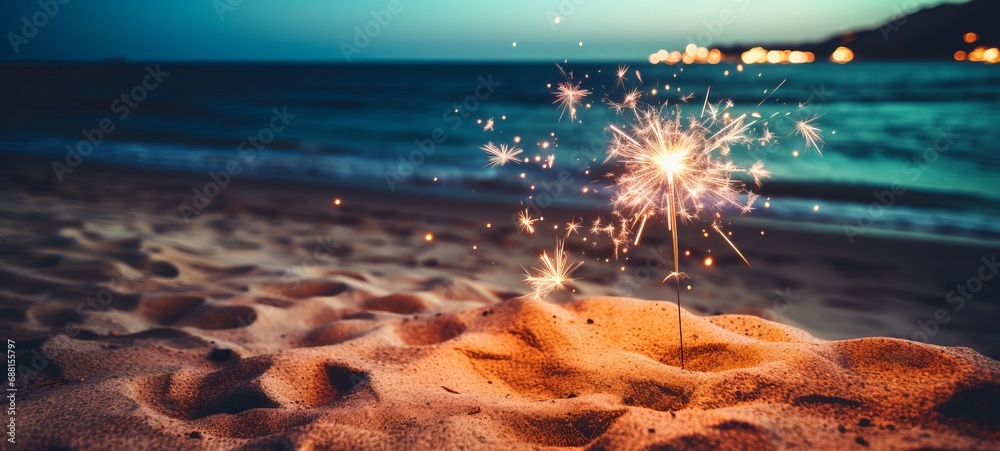 Sylvester New Year, Vacation holiday New Year's Eve 2024 party event celebration holiday greeting card - Closeup of sparkling sparkler stuck in sand on beach with ocean in teh background - obrazy, fototapety, plakaty 