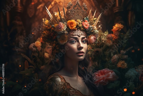 Woman wearing flowers crown. Magnify regal gorgeous woman with floral headdress. Generate ai photo