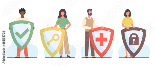 Men and women with shields with lock, key, cross and tick. Privacy concept. Security access. Protection and insurance. Antivirus signs. Guarantee emblems cartoon flat isolated vector set