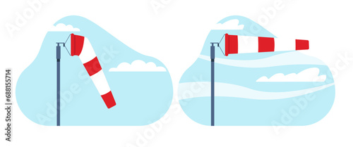 Meteorological windsock for light and strong winds. Red and white striped flag. Direction and strength of wind. Aviation equipment. Windbag for airport. Cartoon isolated vector concept