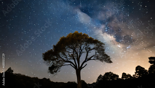 Tree silhouetted against a starry night sky