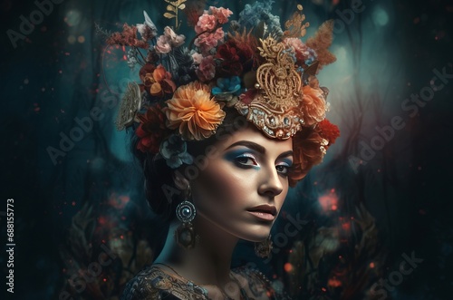 Woman wearing majestic flowers crown. Royal floral coiffure on feminine model. Generate ai