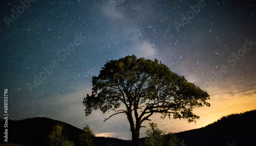 Tree silhouetted against a starry night sky