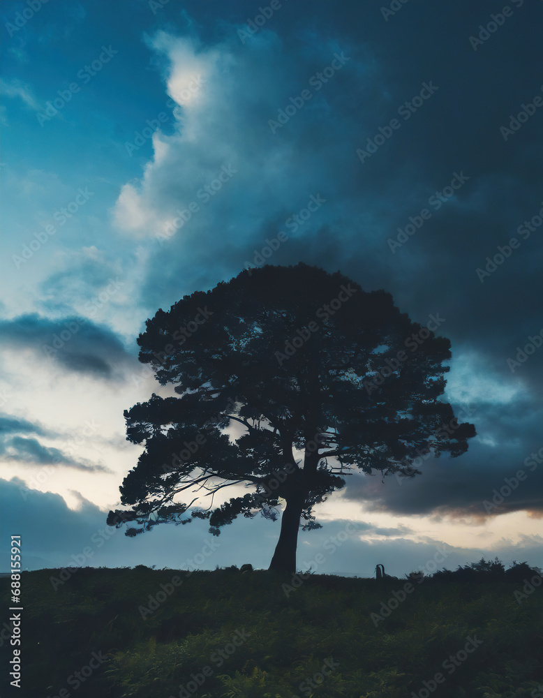 Obraz premium Tree silhouetted and dramatic dark blue clouds