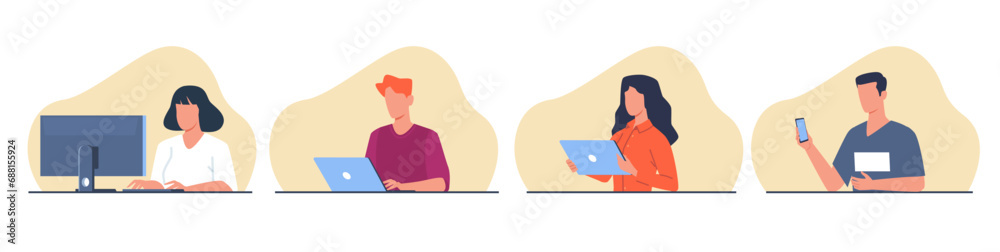 People sit at their computers, laptops, tablets, and smartphones. Young ...
