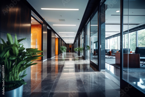 Nice modern office with beautiful long office corridor with defocused room background.
