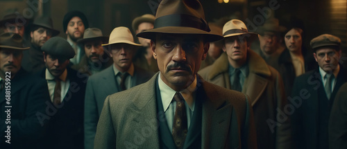 A man in old fashion gangster style surrounded by people