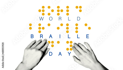 World Braille Day banner, January 4. Halftone hands reading text made by braille alphabet signs. Fingers touching the relief quote for blind. Vector illustration isolated on white background