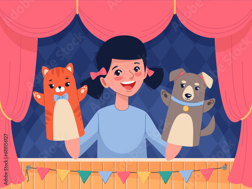 Puppets show scene. Funny kids performance, girl actress with dolls on hands, theater stage with red curtain, cute baby show, childish entertainment, cartoon flat isolated vector concept