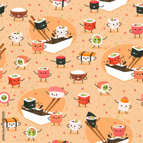 Seamless sushi pattern. Funny asian foods characters, japanese meal. Decor kitchen textile, wrapping paper, wallpaper design. Rolls kawaii faces, seafood cute print for fabric. Vector concept