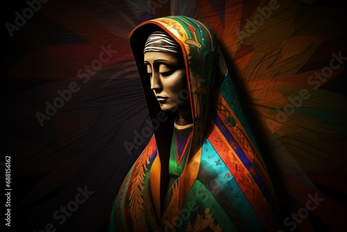Wooden colorful figure of virgin Maria. Religious cultural chapel faith spiritual sculpture. Generate ai