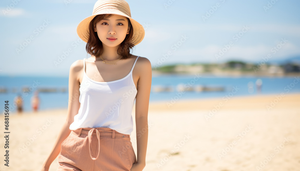 Teen girl in summer outfit, capturing calm moment Teen girl in summer outfit, capturing calm moment